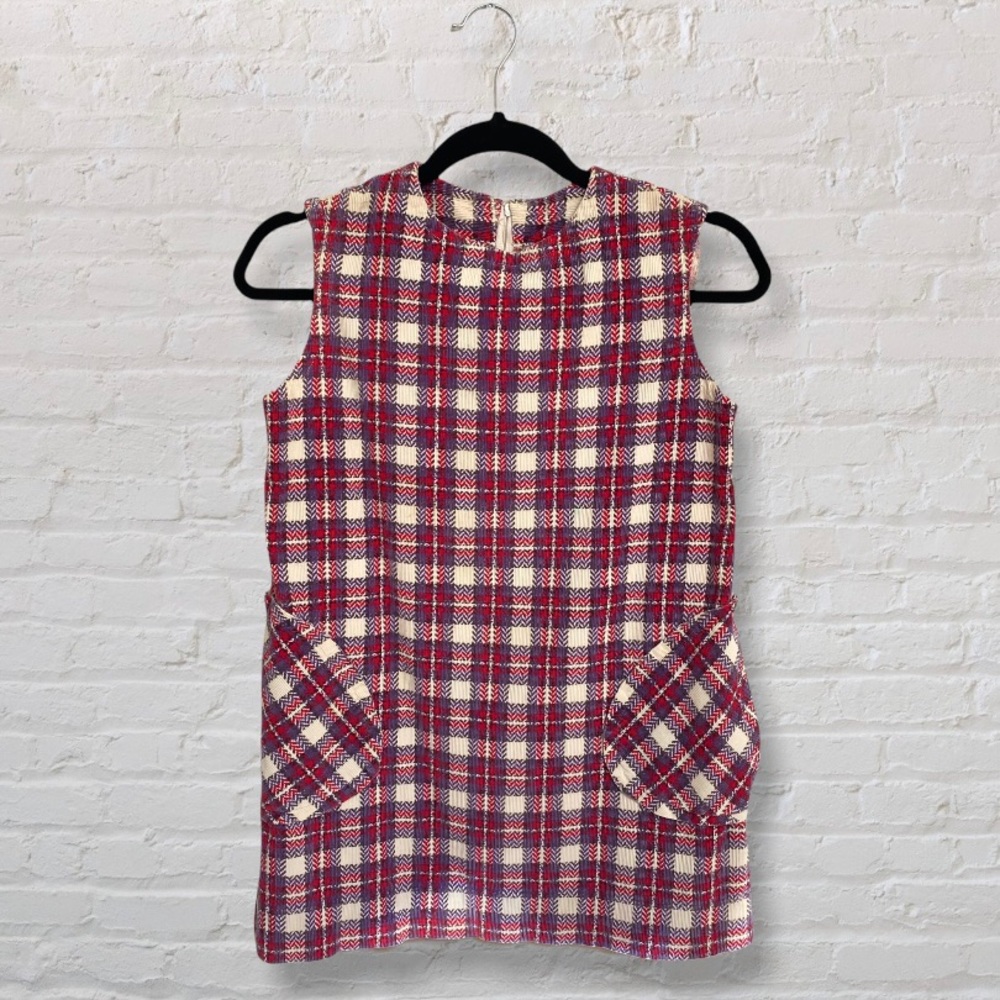 Vintage Corduroy Sleeveless Mini Dress Check Print Pink, Purple, and Cream